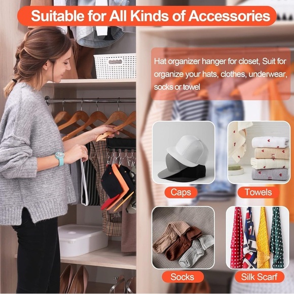 Hat Organizer Hanger with Clips | Closet Cap Storage Rack | Holds 10 Hats - Picture 4 of 6